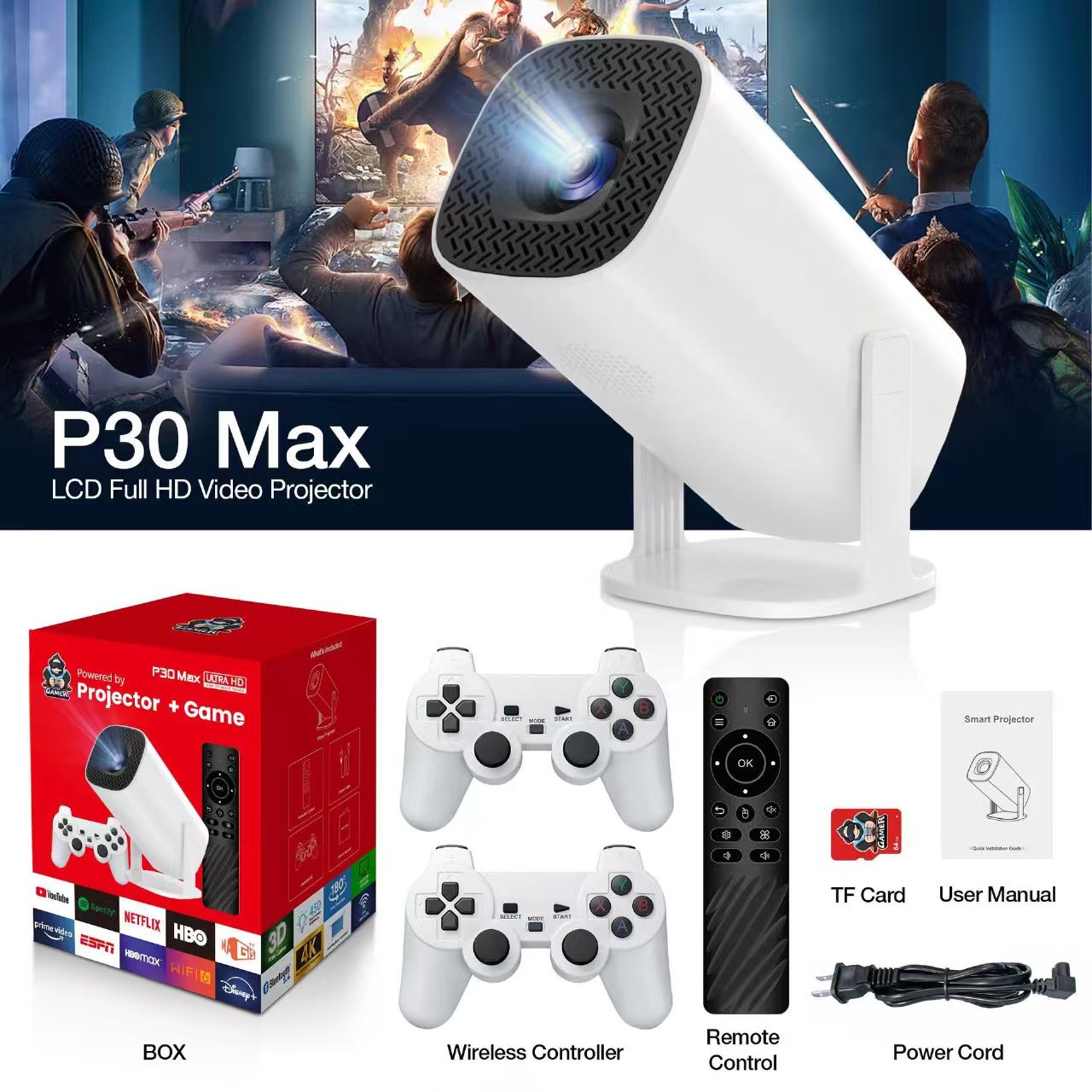 Retro Gaming With Projector - 3D-Spieleprojektor P30MAX Retro-Videospielkonsole Kabelloser Controller 4K